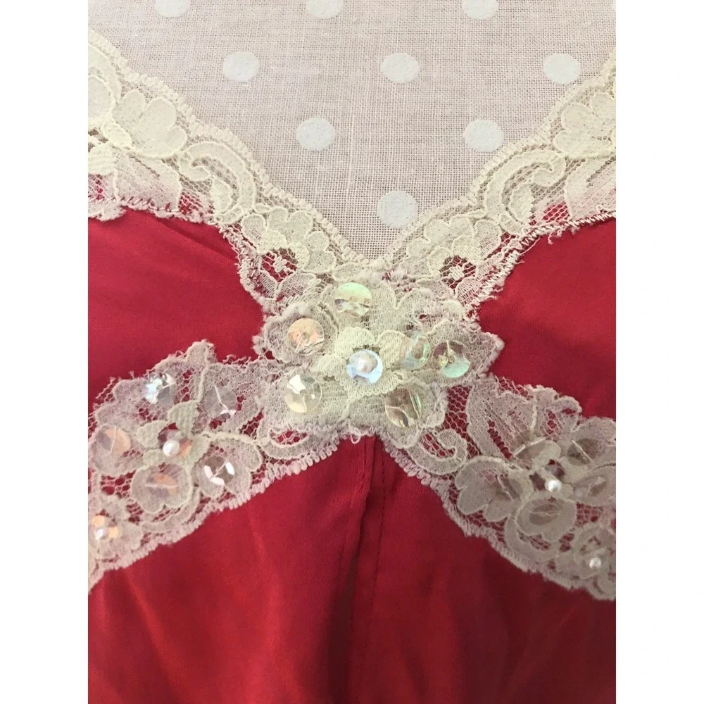 Vtg Secret Treasures Red Shiny Satin Polyester Lace Trim Nightie Sequins Women L - Picture 3 of 14